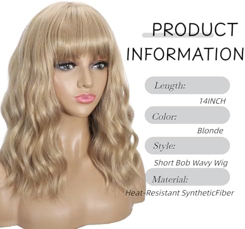 Sebast Pastel Bob Wigs with Bangs for Women Loose Wavy Wig Pastel Wavy Shoulder Length Bob Synthetic Cosplay Wig for Girl Colorful Costume Wigs (Blonde) - Image 2