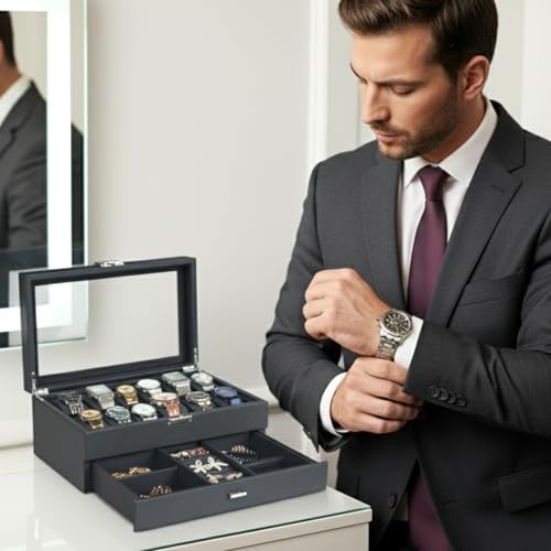 Watch Box for Men 12 Slot with Valet Drawer | 2-Tier Carbon Fiber Watch Case with Glass Lid | Luxury Watch and Jewelry Organizer | Watch Display Case - Ideal Gift for Men Women - Image 2