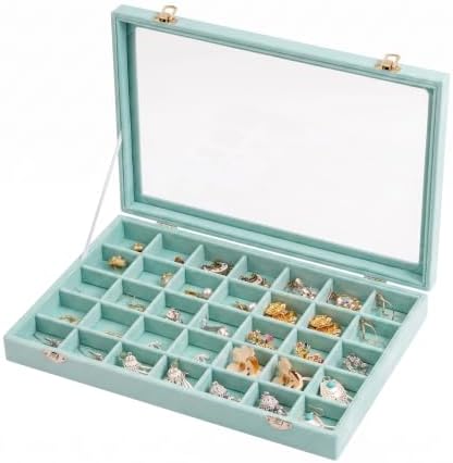 Frebeauty 35 Grid Earring Organizer,Velvet Jewelry Tray with Clear Lid by Frebeauty