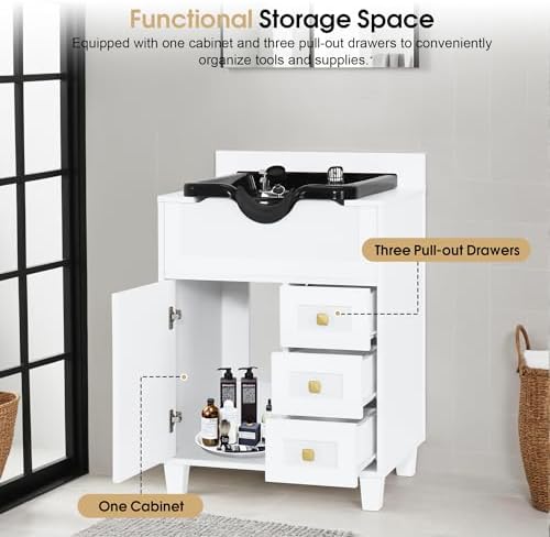 BarberPub Barber Storage Shampoo Station with Bowl & Cabinet 7131 (White) - Image 5