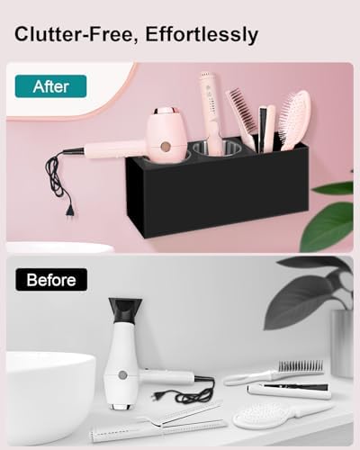 Hair Tool Organizer, Hair Dryer Holder with Heatproof Steel Cups, Acrylic Vanity Organizer for Curling Iron, Flat Iron & Hair Brushes, Perfect for Bathroom (Black, Standard) - Image 3