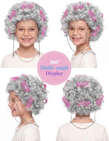 URATOT 5 Pieces Halloween Old Lady Wig Costume Set Grandma Wig Hair Rollers Glasses Chain Necklace Bracelet - Image 2