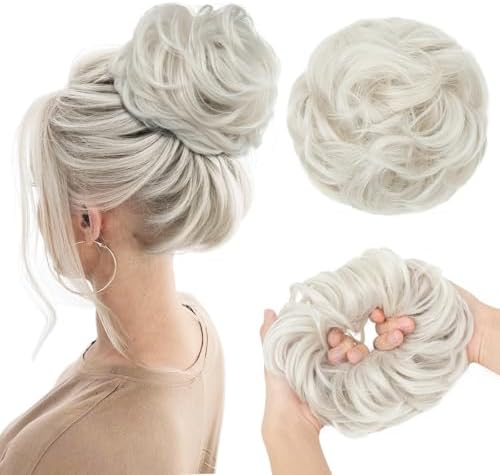 CJL HAIR Large Messy Bun Hair Piece Wavy Curly Scrunchies Synthetic Chignon Ponytail Hair Extensions Thick Updo Hairpieces for Women Ice Blonde by CJLHAIR