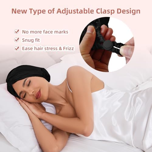 Adjustable Silk Satin Hair Bonnet for Sleeping Women, Double Layer, Silk Hair Wrap for Sleeping Women Men, Curly Natural Braid Straight Unisex - Black - Image 2