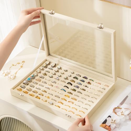 Frebeauty 100 Slots Ring Organizer Tray,Velvet Ring Box with Clear Lid - Image 2