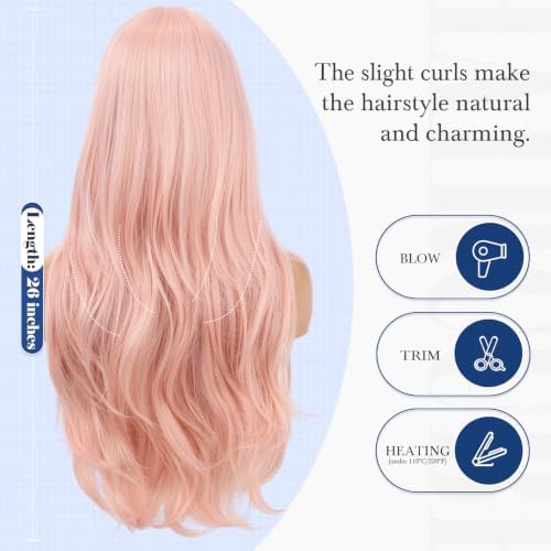 HAIRCUBE Long Baby Pink Highlights Wig with Bangs Layered Curly Wigs for Women Natural Synthetic Wigs for Daily Use (pelucas de cabello natural) - Image 4