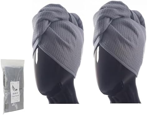 100% Turkish Cotton Hair Towel Wrap for Women,Non Microfiber,Super Absorbent,AntiFrizz,Plopping Hair Drying Waffle Bath Towels for Curly,Long&Thick Hairs,Head Wrap,2 Pack10x26inc (Grey+Grey) by SELARUS