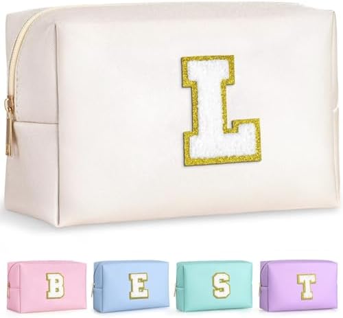 TOPEAST Personalized Birthday Gifts for Women, Preppy Patch Makeup Bag, Chenille Letter Pouch Cosmetic Bag, Travel Organizer, Gifts for Friends, Cute Stuff for Women (White L) by TOPEAST