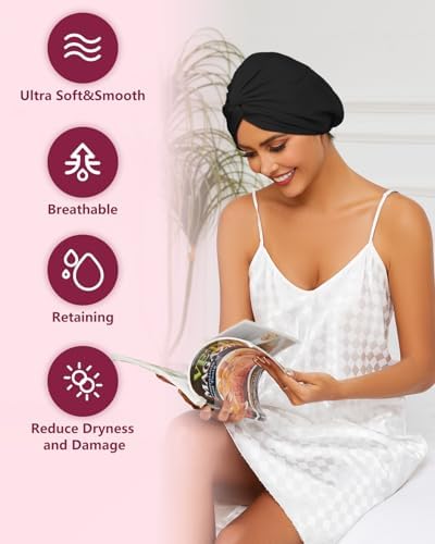 HFRHTGY Adjustable Silk Satin Hair Bonnet for Sleeping, Double Layer Hair Wrap Sleep Cap Turban for Women Men, Curly Straight Braid Unisex (Royal Black) - Image 3