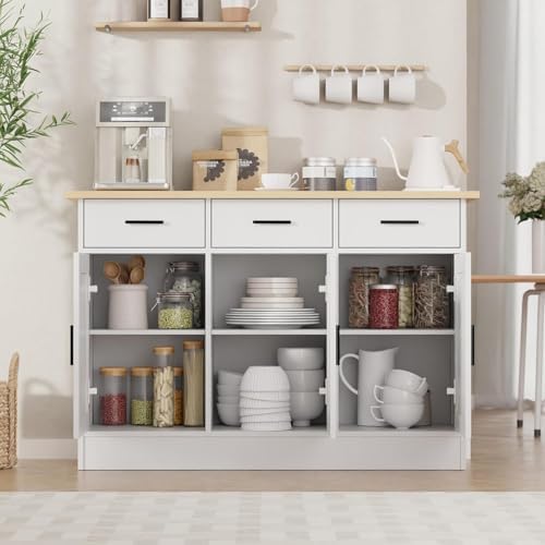 Buffet Cabinet with Storage - Buffets & Sideboards Kitchen Storage Cabinet, Wood Console Table Coffee Bar Accent Cabinets for Living Room Dining Room Entryway Large 3 Doors & Drawers, White 47.2"W - Image 5