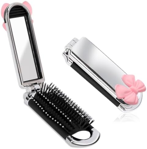 Folding Hair Brush with Mirror, Portable Compact Comb for Women by Mozeat+Lens