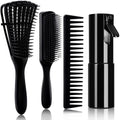 4pcs Curly Hair Brush Set for Adult & Kids Wet or Dry, Detangling Brush for 3/4ABC Hair with Detangler Spray Bottle & Wide Tooth Comb (3+1, Black) by KPX