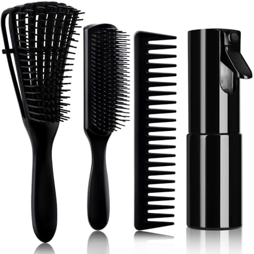 4pcs Curly Hair Brush Set for Adult & Kids Wet or Dry, Detangling Brush for 3/4ABC Hair with Detangler Spray Bottle & Wide Tooth Comb (3+1, Black) by KPX