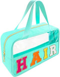 Bunliuys Chenille Letter Clear Makeup Bag Hair Patch, Travel Toiletry Makeup Bag with Handle, Nylon Waterproof Makeup Bags clear cosmetic bag, preppy patch makeup bag for Women (HAIR-Mint Green) by Bunliuys