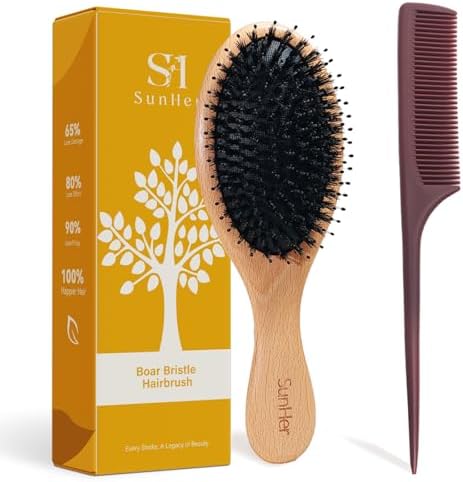 Boar Bristle Hair Brush with Nylon Pins for Fine Thick Hair by SunHer