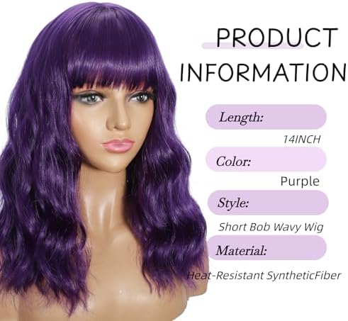 Sebast Pastel Bob Wigs with Bangs for Women Loose Wavy Wig Pastel Wavy Shoulder Length Bob Synthetic Cosplay Wig for Girl Colorful Costume Wigs (Purple) - Image 2