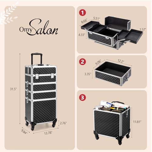 mefeir 4-in-1 Rolling Makeup Train Case Lift Handle,4 Removable Wheels Lockable Keys,Aluminum Cosmetic Trolley Beauty Stylist Artist Organizer Box,Ideal Xmas New Year Gift (Diamond Black) - Image 3