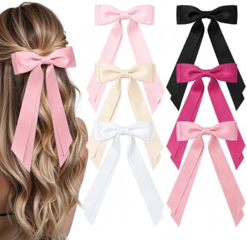 6PCS Pink Tone Hair Bows, Large Ribbon Bow Hair Clips for Girls Women Cute Ponytail Holder Accessories for Toddlers Kids Teens by AILEAM