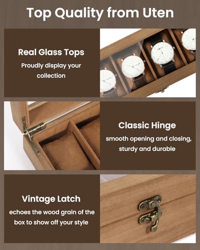 Uten Wooden Watch Box 6 Slot, Watch Display Case with Glass Lid, Brown - Image 4
