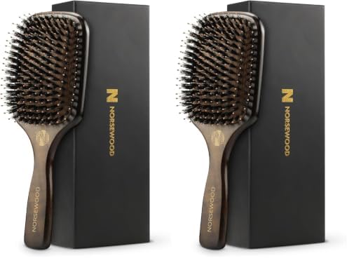 Norsewood Boar Bristle Hair Brush Set, Soft Bristle Detangler for Long, Short, Thin, Curly, Straight, or Wavy, Hairbrush for Enhancing Shine, Great for Men, Women, and Kids (Pack of 2) by Norsewood