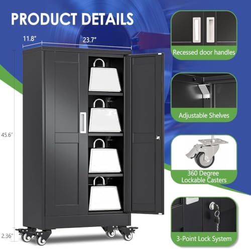 45.6" Metal Garage Storage Cabinet with Wheels and Locking Doors and Tall Rolling Steel Tool Cabinet with 3 Adjustable Shelves for Garage,Home,Office,Shop (Black, 45.6''H x 23.7''W x11.8''D) - Image 3