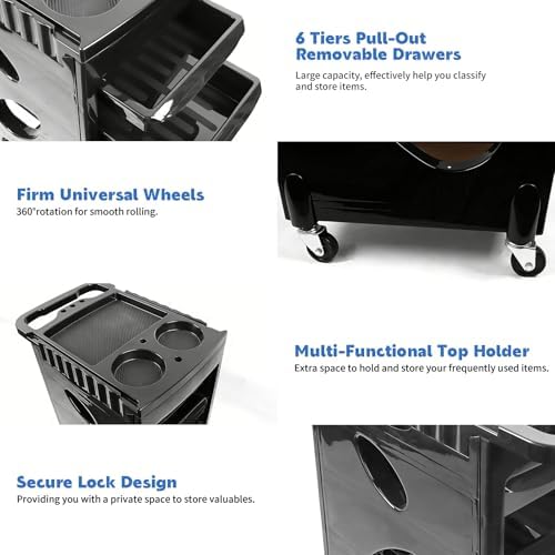 EBANKU Salon Beauty Rolling Trolley Cart Black Hair Salon Storage - Image 3