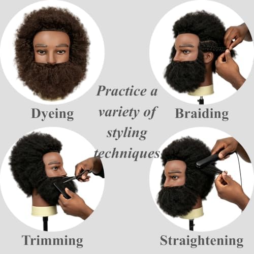 Afro Barber Mannequin Head Male Human Hair with Beard for Hair Styling - Image 2