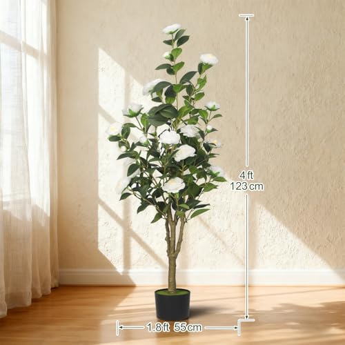 2-Pack 4FT Artificial Camellia Tree,Realistic Fake Potted Plants with Flowers&Planters,Indoor/Outdoor Faux Flowering Trees for Home,Office,Porch,Wedding,and Housewarming Gift Decor,White - Image 2