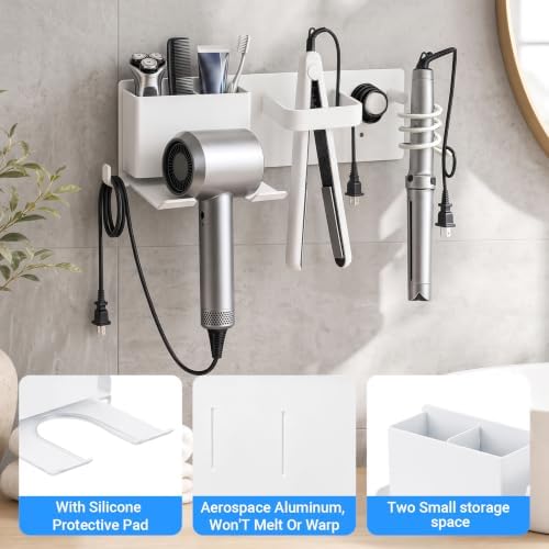 Hair Dryer Holder Wall Mount with 2 Storage Compartments, Aerospace Aluminum Blow Dryer Curling Iron Flat Iron Holder, No Drill Adhesive Bathroom Hair Tool Organizer, Heat Resistant (White) - Image 4