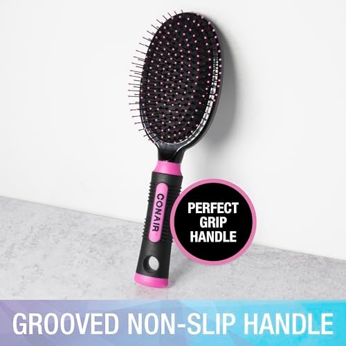 Conair Salon Results Hairbrush - Men and Women - Detangling Hair brush - ideal for curly or straight styles - features wire bristles and cushion Base - Pink/Black - Image 3