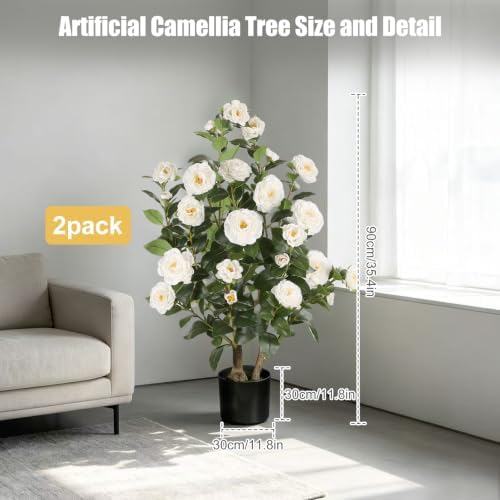 3FT Artificial Camellia Tree, White Flowers, 2 Pack - Image 2