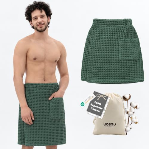 Luxury Organic Japanese Cotton Waffle Body Towel Wrap for Men | Sauna, Spa, Onsen, Shower Towel with Adjustable Snap Closure and Pocket | Ultra Plush 450 GSM (Forest Green, S/M) by KOSMU