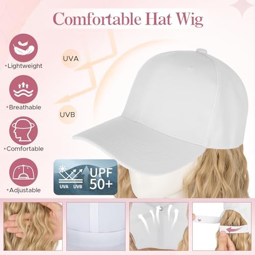 SEGO Baseball Cap with Hair Extensions for Women Synthetic Hair Attached Long Curly Hairpiece White Baseball Cap Wig Adjustable Hat Wigs for Women 8 Inch 24P613 Neutral Blonde Mix Bleach Blonde - Image 2