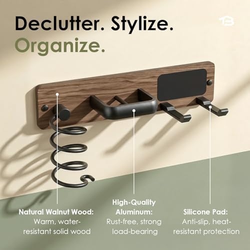 Tindbea Upgraded Walnut Hair Dryer Holder Wall Mounted,3-in-1 Hair Tool Organizer for Blow Dryer, Curling iron, and Straightener, Blow Dryer Holder for Bathroom, Vanity, Matte Black - Image 3