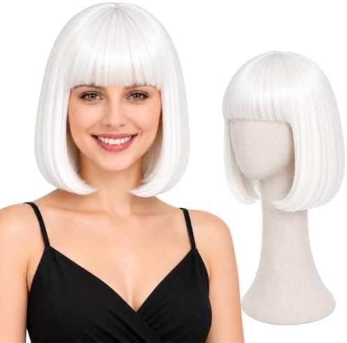 Short Pure White Bob Wig with Bangs for Women by PARTYTELLER