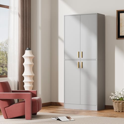 Cozy Castle Kitchen Pantry Cabinet, 71" Tall Wood Storage Cabinet with Doors and Shelves 4 Doors Freestanding Cupboard for Dining Room Living Room Furniture, Gray - Image 6