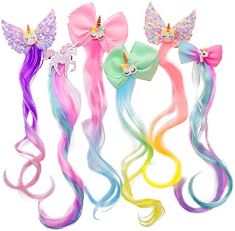 Little World Hair Clips for Girls - 6 Pcs Curly Clip in Hair Extensions with Cute Unicorn Bow - 13in Gradient Color Hair Clips for Girls Clip On for Toddler Kids Girls Ponytails Accessories by LittleWorld