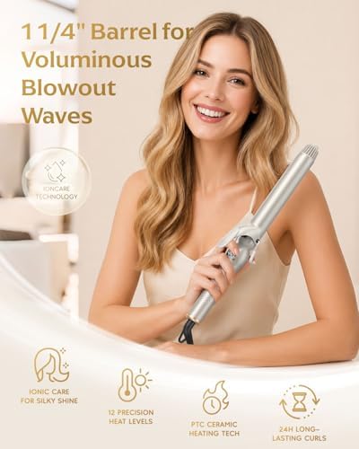 Ceramic 1.25 Inch Long Barrel Curling Iron, 1 1/4 Inch Curling Wand Creates Loose Curls, Dual Voltage Hair Curler for Medium & Long Hair, Gold - Image 2