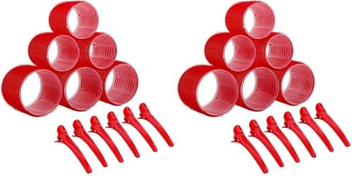 Bella Sleep + Spa Self Grip Hair Rollers - 3 Medium & 3 Large Curlers with Clips, 12-Piece Set, Red (Pack of 2) by BellaSleepSpa