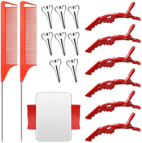 Hair Parting Tools Set, 17 Pieces Including Hair Parting Rings, Sectioning Clips, Rat Tail Combs, Magnetic Wrist Pin Holder (Red) by Unknown