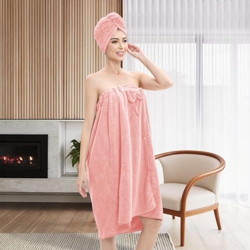 Women's Bath Towel Wrap with Hair Towel, Adjustable Soft Microfiber – Pink - Image 6