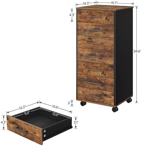 HOOBRO 7-Drawer File Cabinet, Wooden Office Cabinet with Drawers, Mobile Storage Filing Drawer for Home Office, Study, Easy Assembly, Rustic Brown and Black BF07WJ01 - Image 3
