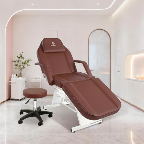 Facial Chair,73″ Tattoo Chair for Client,3-Section Adjustable Massage Table with Stool,Multipurpose Beauty Beds Salon Equipment for Esthetician,Tattooshop,Spa (Brown) - Image 2