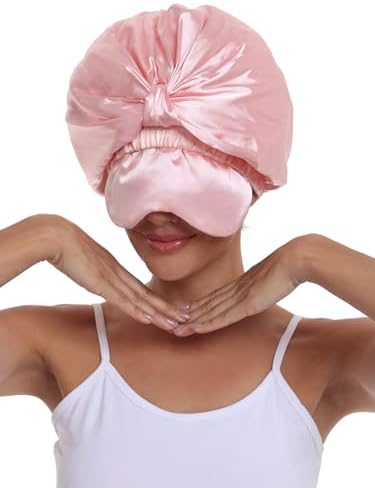 Double Layer Satin Bonnet with Eye Mask Adjustable Silk Sleep Cap Turban Style Hair Wrap for Curly Hair Pink - Image 4