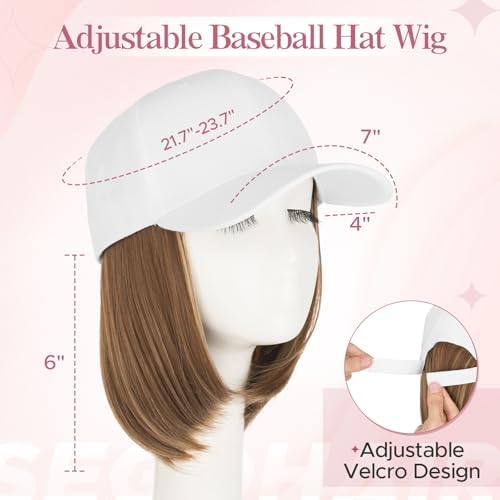 SEGO Baseball Cap with Hair Extensions for Women Synthetic Hair Attached Short Straight Hairpiece White Baseball Cap Wig Adjustable Hat Wigs for Women 6 Inch 10P22T Medium Brown Mix Dark Blonde - Image 3