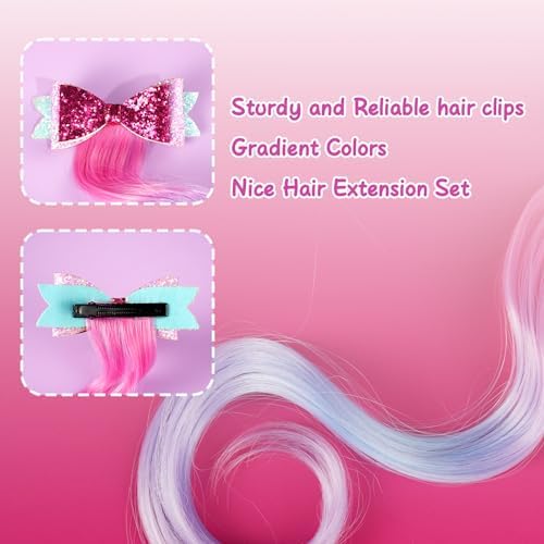 12 Pieces Hair Clips for Girls, Bow Curly Pink Gradient Hair Extensions for Kids, Little Girl Hair Clips Accessories for Ponytails Princess Dress Up - Image 4
