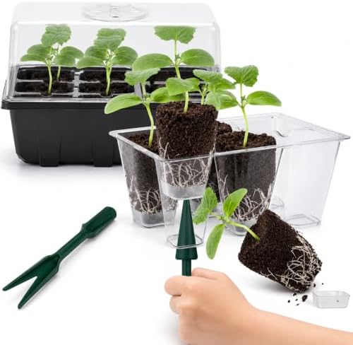 Gardzen 10 Pack Push-Up Seed Starting Tray, Pop Up Plant Germination Trays, Seed Starter Kit with Adjustable Humidity Vented Dome, 6.6" x 4.5", Total 120-Cell, Clear by Gardzen