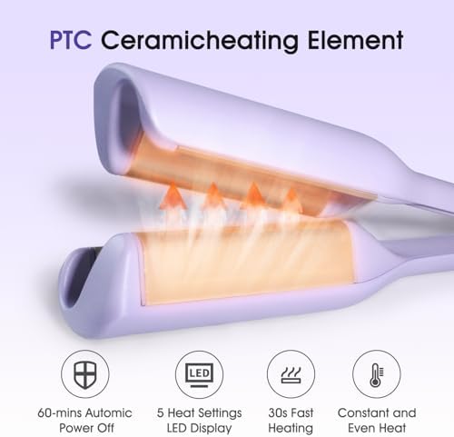 Beach Wave Curling Iron Deep Waver Hair Tool, Mermaid Hair Waver for Women Crimper, Anti-Scald, Dual Voltage, 1.4 Inch Ceramic Double Barrel Wavy Curling Iron, Purple - Image 2
