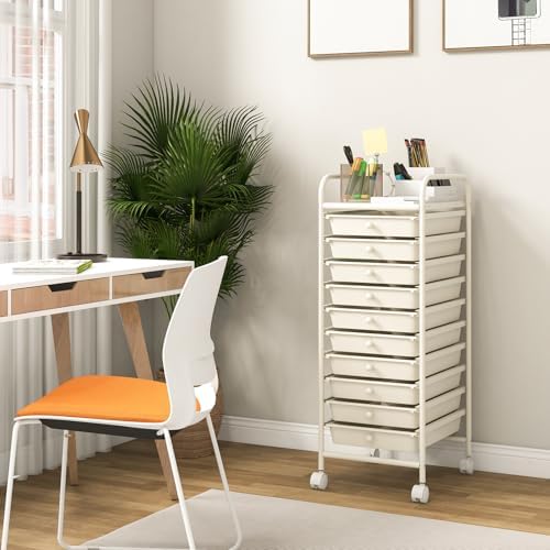 Giantex 10-Drawer Storage Cart w/Universal Wheel, Rolling Cart w/Handle, Home Organizer Storage Unit w/Removable Drawers, Trolley Utility Cart for Kitchen Makeup Living Room Office Play Room, Ivory - Image 2