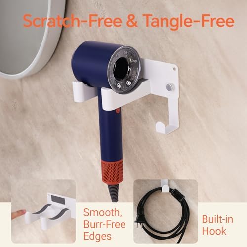 Dyson Hair Dryer Holder, Blow Dryer Holder Self Adhesive Hair Dryer Holder Wall Mounted Aluminum Hair Tool Organizer Blow Dryer Holder for Bathroom White CHOCHYAH - Image 4